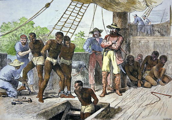 African slaves being taken on board ship bound for USA (coloured engraving) from American School, (19th century)