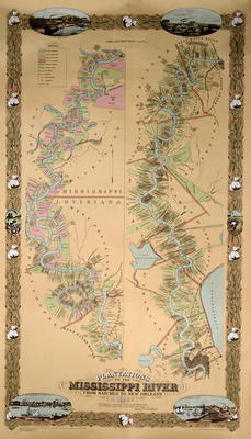 Map depicting plantations on the Mississippi River from Natchez to New Orleans, 1858 (colour litho) from American School, (19th century)