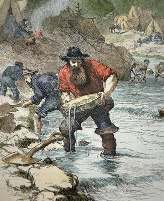 Prospectors panning for gold during the Californian Gold Rush of 1849 (coloured engraving) from American School, (19th century)