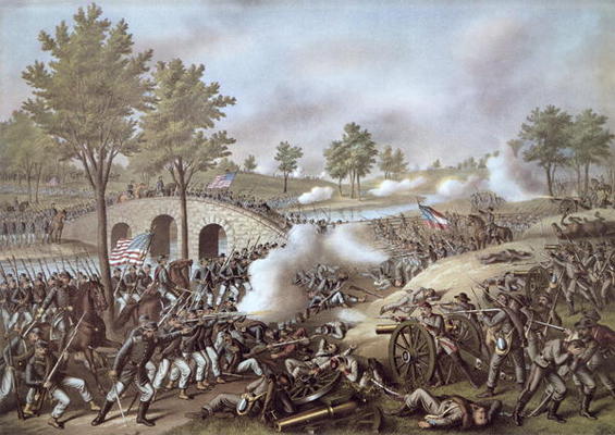 The Battle of Antietam, 1862, by Kurz & Allison (colour litho) from American School, (19th century)