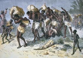 A captured slave gang of Coimbra, a Portuguese mulatto slaver of Bihe, Angola (coloured engraving)