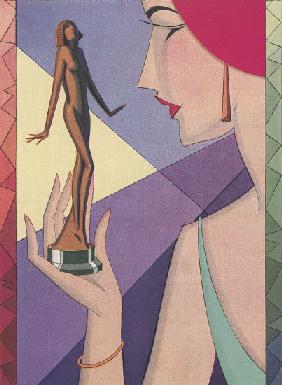 Art Deco Illustration of a Woman with a Golden Statuette
