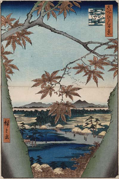 Ahornblätter, der Tekona Schrein und die Brücke. Aus der Serie: Hundert Ansichten von Sehenswürdigke from Ando oder Utagawa Hiroshige