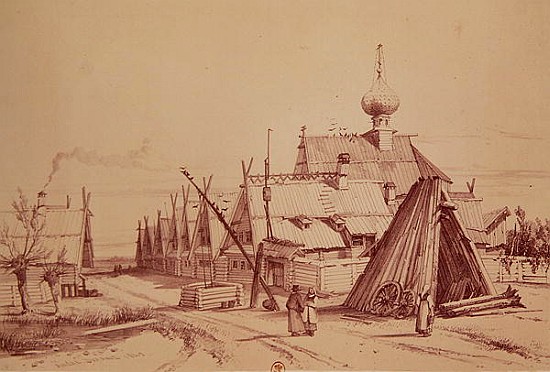 Village on route to Moscow, illustration from, ''Voyage pittoresque en Russie'' from Andre Durand