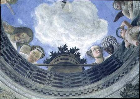 Trompe l'oeil oculus in the centre of the vaulted ceiling of the Camera degli Sposi or the Camera Pi from Andrea Mantegna
