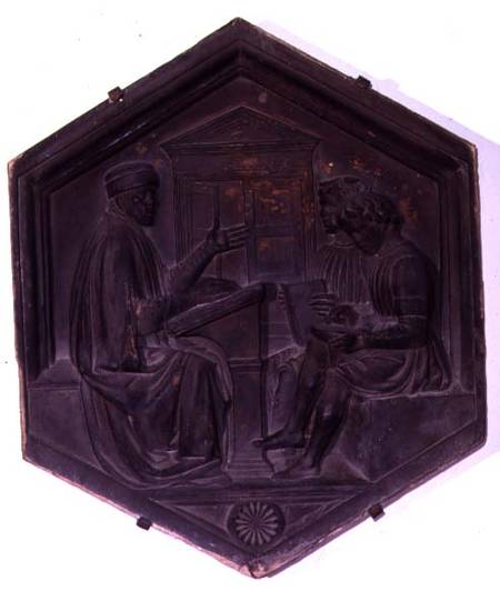 Grammar, hexagonal decorative tile from a series depicting the Seven Liberal Arts possibly based on from Andrea Pisano