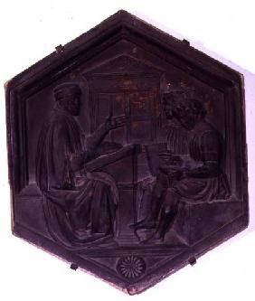 Grammar, hexagonal decorative tile from a series depicting the Seven Liberal Arts possibly based on