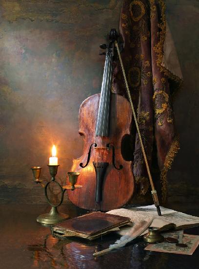 Still life with violin and candle