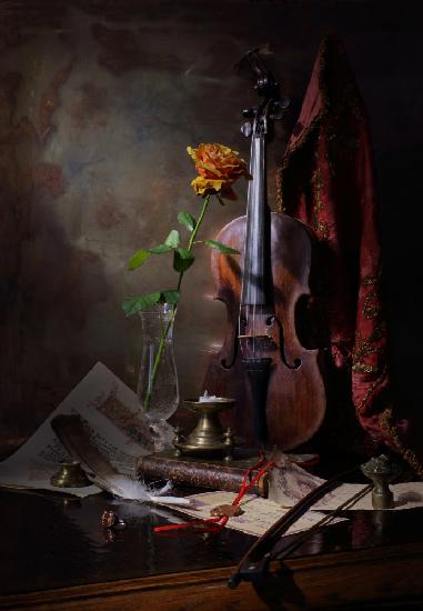 Still life with violin and rose