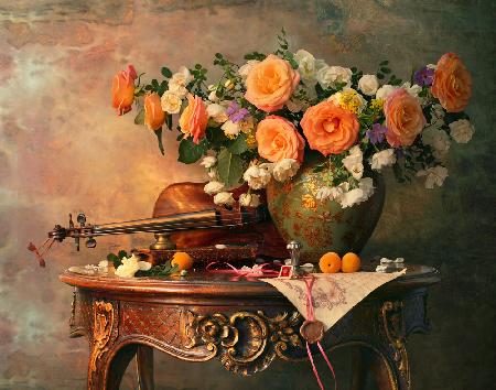 Still life with violin and roses
