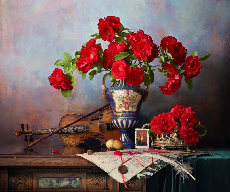 Still life with violin and red roses