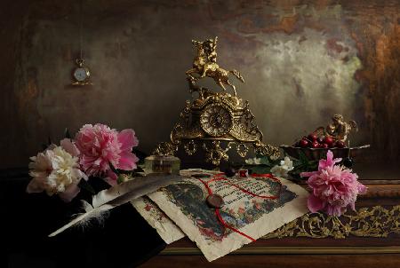 Still life with clock and peonies