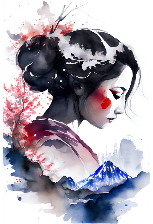  Japanese geisha with sakura cherry blossom branch and Fuji mountain. watercolor from Anja Frost