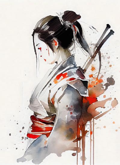 Japanese female geisha fighter with samurai swords. watercolor portrait