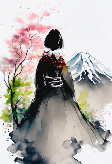 Japanese geisha looks at the landscape with snowy Mount Fuji