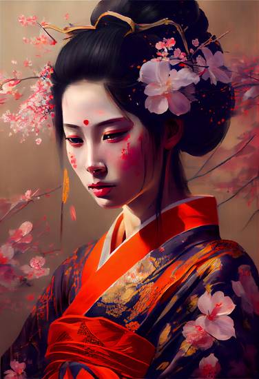 Blütenzauber: Eine Geisha umgeben von floraler Schönheit