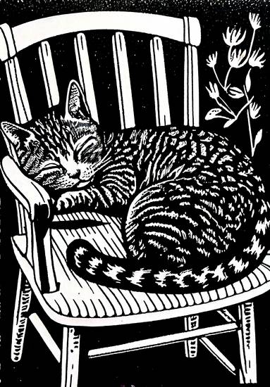 Cat sleeps on garden chair. linoprint