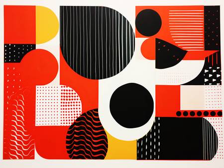 Vibrant Contrasts: Abstract Patterns of Black, Yellow, and Red Squares and Circles