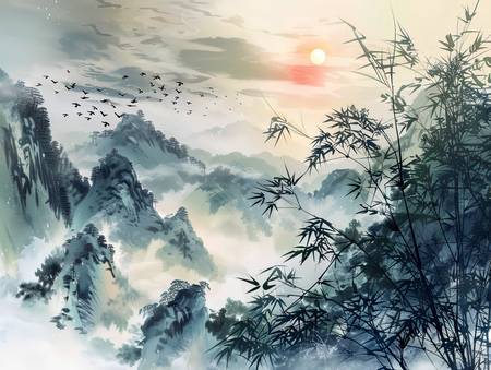 Schwarm Zugvögel fliegt über die Bergwelt Chinas.