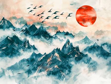 Kraniche fliegen über Chinas Berge der roten Sonne entgegen