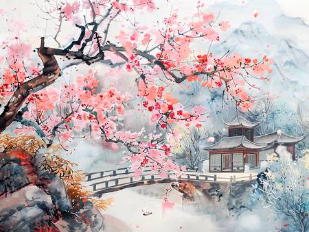 Zeit der Kirschblühte in China mit Tempel und Brücke über das Wasser