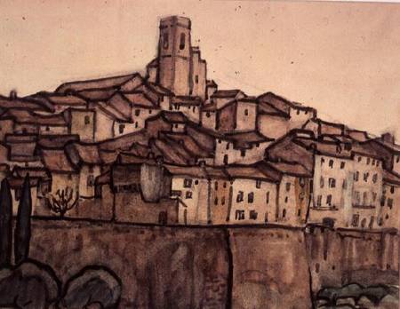 View of a Walled Town with Roof Rising to a Square Tower on a Hill from Anne L. Falkner