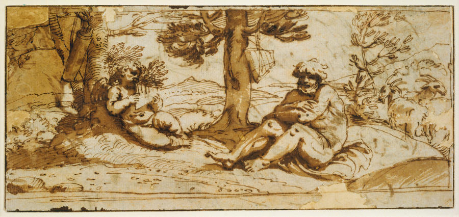 Amor, Playing the Flute, and Silen in an Arcadian Landscape from Annibale Carracci