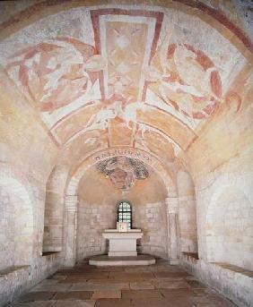 The Crypt, from the earlier church of 1030, with frescoes of Christ on a white horse surrounded by a
