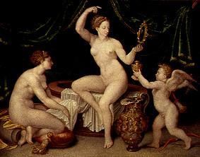 Venus looks at herself after the bath in the mirror, hands Amor the ointment saucepan from Anonym, Haarlem