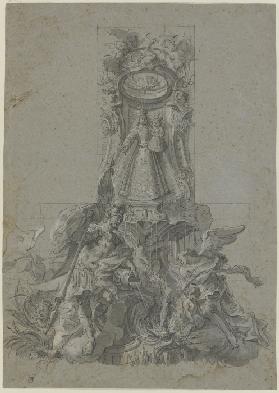 Madonna unter einem Baldachin, über einer Brunnenschale stehend, im Vordergrund der Heilige Florian 