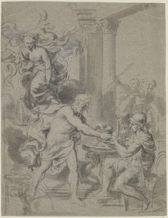 Mythologische Szene: Einem Krieger, der vor Säulen an einem Tisch sitzt, wird von einem nackten Mann from Anonym