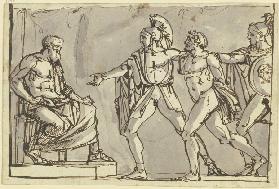 Szene aus der griechischen oder römischen Sage: Ein Gefangener wird von zwei Kriegern dem König vorg