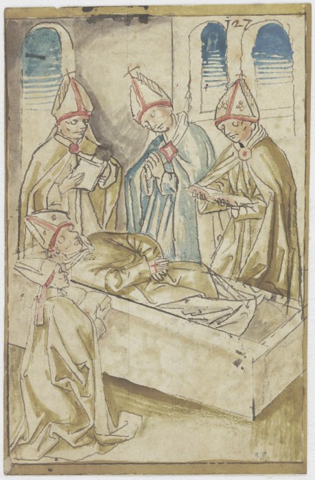 Vier Geistliche, betend um einen Sarg stehend (Der Tod des Heiligen Ulrich) from Anonym