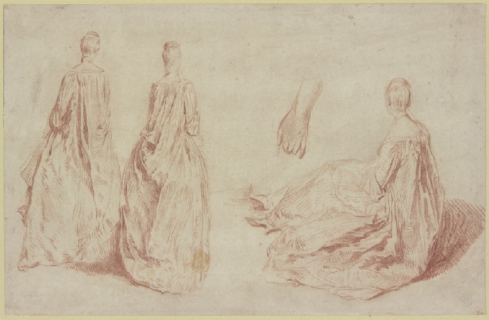 Zwei stehende Damen in Rückansicht, eine Hand und eine sitzende Dame from Anonym