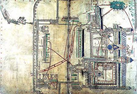 Ms R 171 f.285 Plan of Canterbury Cathedral and the plumbing system from Anonymous painter