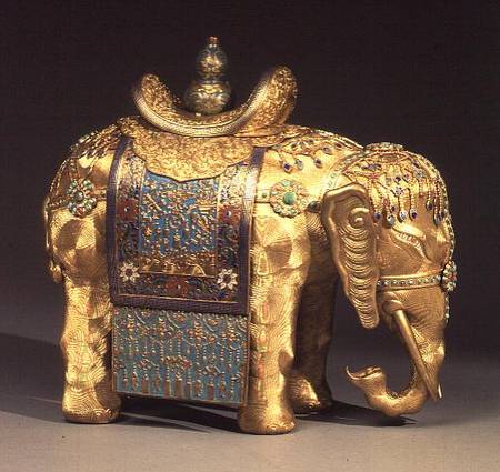 Chinese gilt-bronze figure of an elephant, with enamel trappings and coral and turquoise cabochons, from Anonymous painter