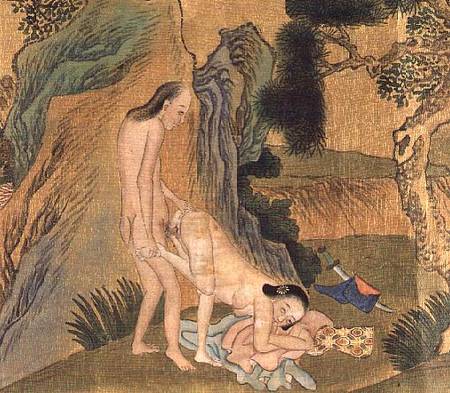 Erotic depiction of lovers in the 'Wheelbarrow' position, from a series depicting the lives of Mongo from Anonymous painter