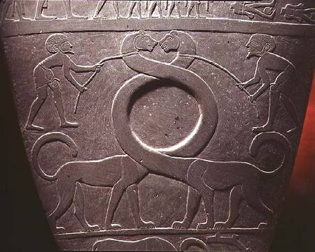 The Narmer Palette: ceremonial palette depicting a pair of long-necked cats being held on leashes from Anonymous painter