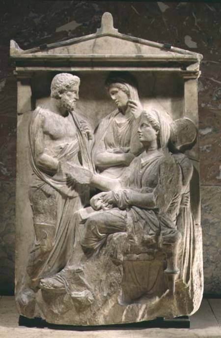 Phainippos and Mnesarete gravestone showing family reunion and hand-shake, Classical Greek from Anonymous painter