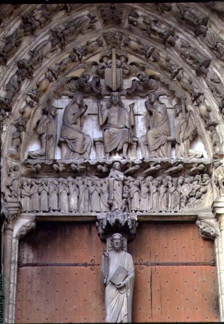 South Portal tympanum depicting Christ Enthroned with a Beau Christ figure on the trumeau below from Anonymous painter
