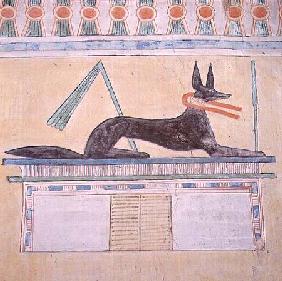 Anubis, Egyptian god of the dead, lying on top of a sarcophagus, wall painting in the Valley Temple