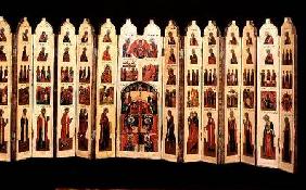 Fifteen-section icon screen with scenes from the Life of Christ and Saints