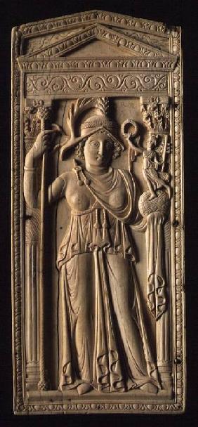 Ivory relief tablet depicting a helmeted Roman goddess holding a sceptre in her right handan orb wit