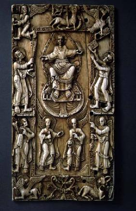 Plaque depicting Christ Enthroned in Majesty, with SS. Peter and Paul below,Spanish