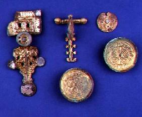 Selection of Anglo-Saxon jewellery; gilded bronze brooch; gilded bronze crossbow fibula; gilded copp