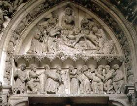 Tympanum depicting (top) an exorcism and (below) the Presentation in the Temple