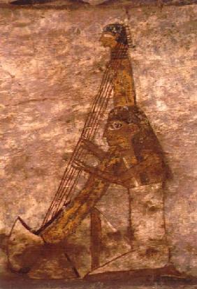Woman playing an arched harp, detail from a tomb wall painting,Egyptian