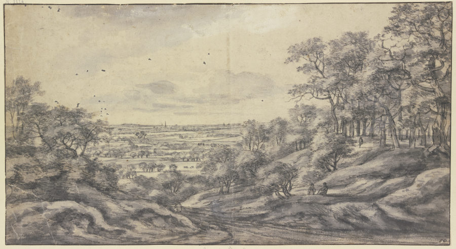 Rechts ein Bergabhang mit Wald und drei Figuren, links eine Erhöhung mit Gestrüpp, im Hintergrund we from Anthonie Waterloo