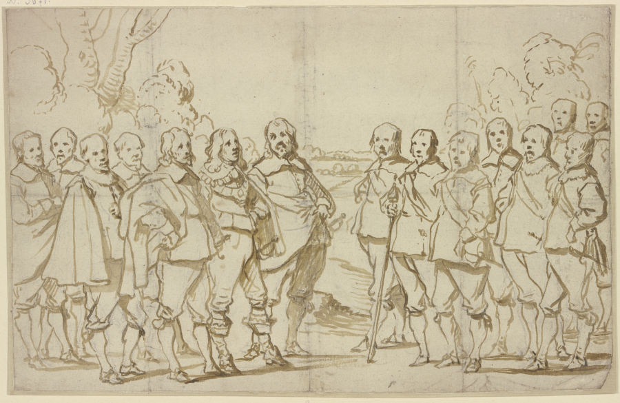 Eine Versammlung von vielen Männern, alle in Schuhen und Strümpfen, nur einer in Stiefeln from Anthonis van Dyck