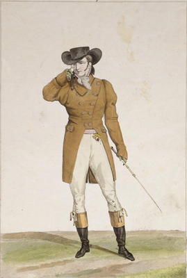 A Dandy dressed in a boat-shaped hat, a dun-coloured jacket and buckskin breeches, plate 1 from the from Antoine Charles Horace Vernet